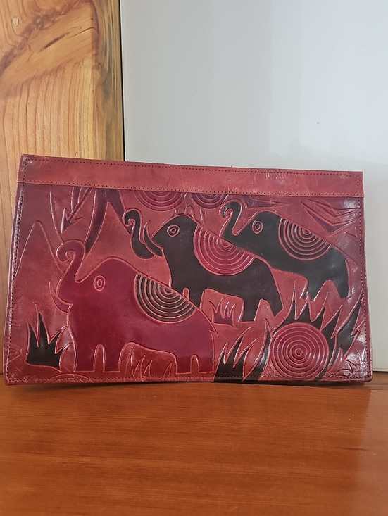 Handbags - Handcrafted Elephant Embossed Leather Clutch - Burgundy & Black